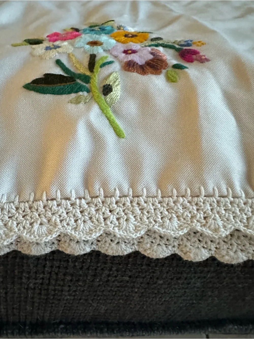 Vintage Embroidered Floral Cream tablecloth with Scalloped Edge, 94”x 60 “